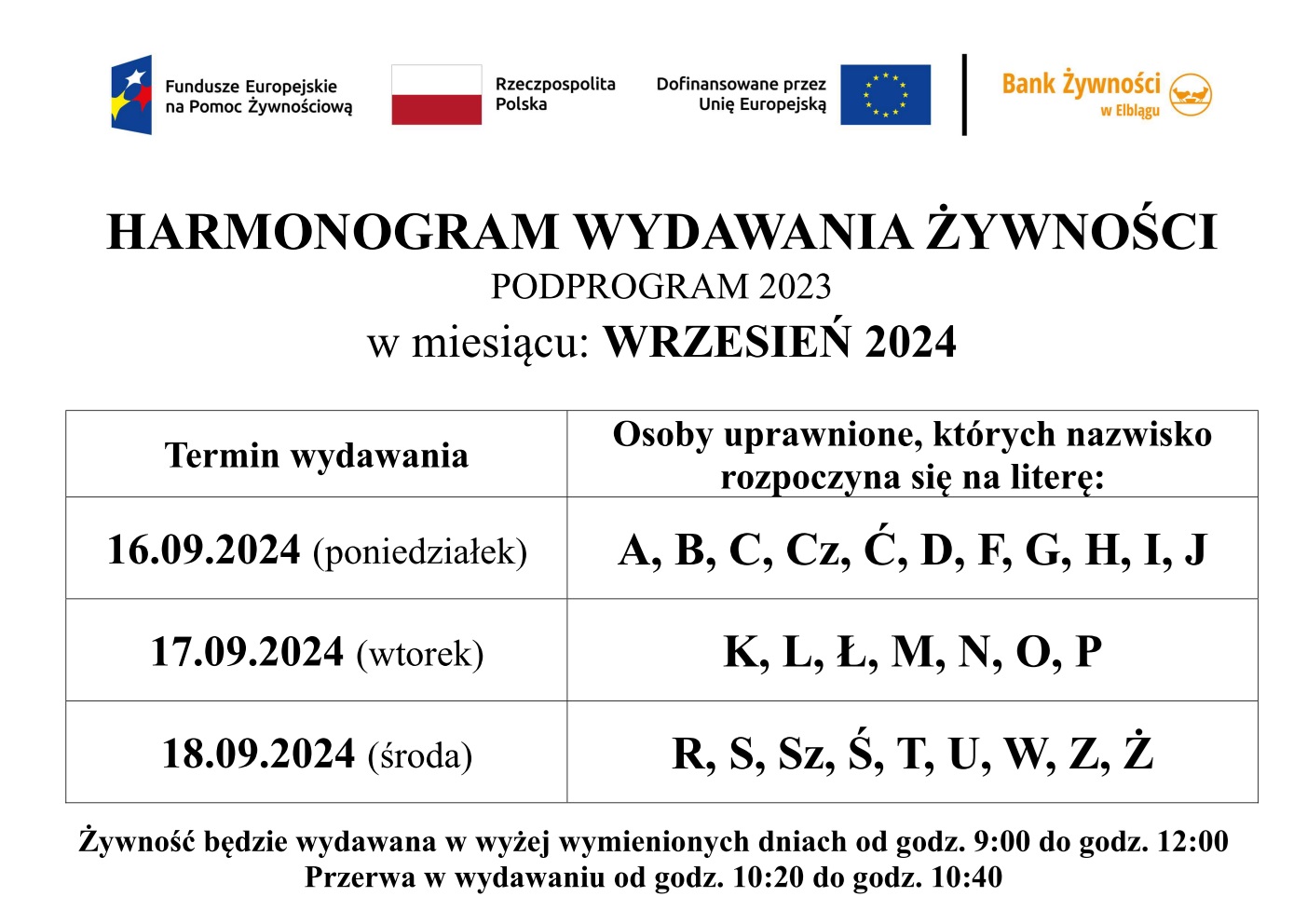 HARMONOGRAM WYDAWANIA ŻYWNOŚCI - WRZESIEŃ 2024 - KOLOR