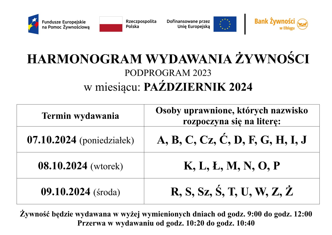 HARMONOGRAM WYDAWANIA ŻYWNOŚCI - PAŹDZIERNIK 2024 - KOLOR